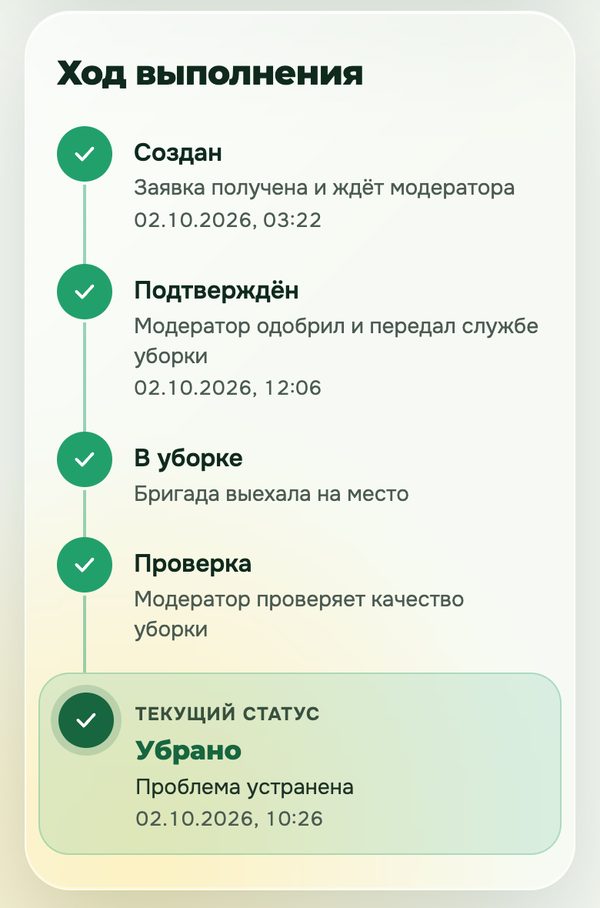Өтінімнің орындалу барысы: құрылды, расталды, тазалануда, тексеру, тазаланды